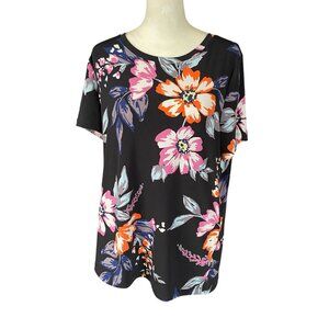 IMAN black floral short sleeve stretchy pullover top women's size large